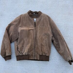 Vintage Snap On Brown Suede Leather Bomber Jacket Size Large Varsity Embroidered